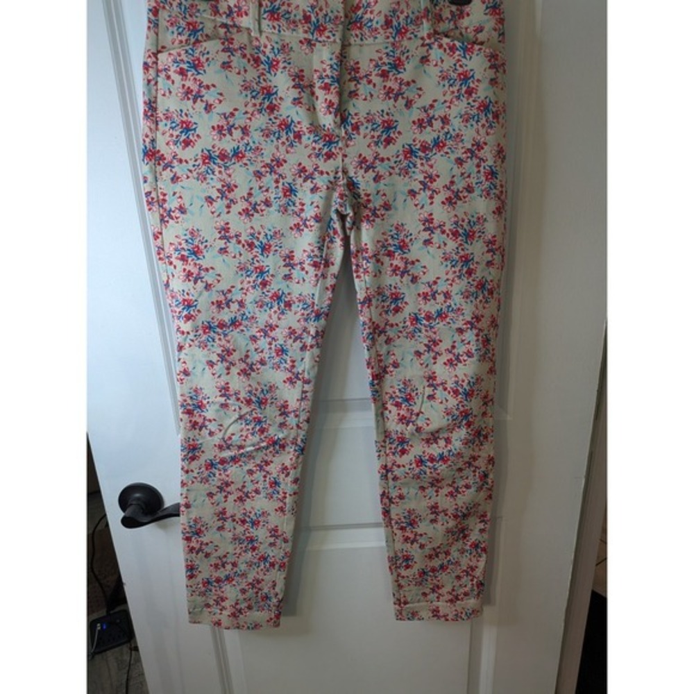 New York & Company Floral Ankle Pants Womens 0 Cream Red Blue Slim Tapered Leg